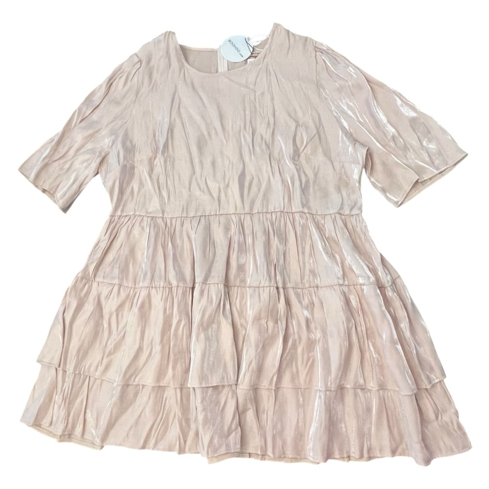 Boohoo Skater Dress Ruched Ruffle Womens Stone Shiny 22 NWT Party Wedding Short